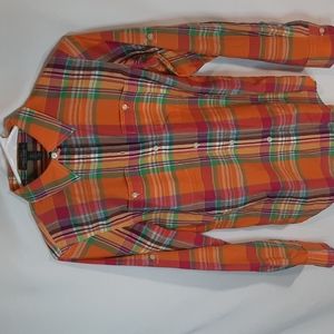 LRL Lauren Jean's Co XS long sleeve buttondown pastel plaid shirt orange